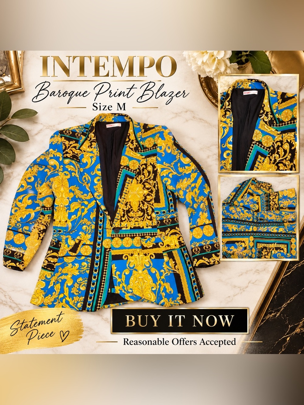 INTEMPO Baroque Print Blazer Women’s M Blue Gold Black Statement Jacket